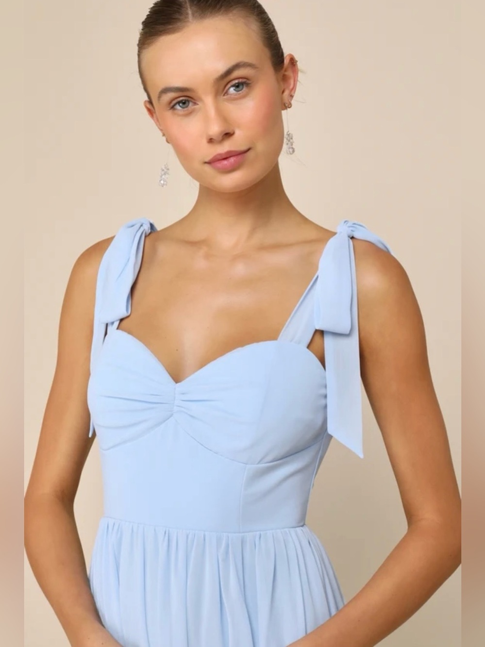 NEW WITH TAGS Lulu's Radiant Charisma Light Blue Chiffon Ruched Tie-Strap Maxi - Picture 4 of 4